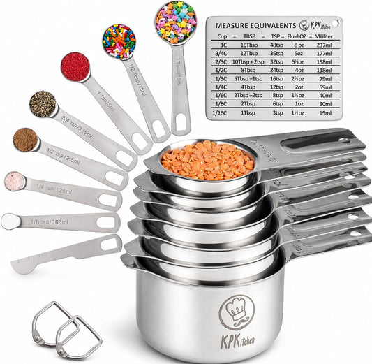 Measuring Cups and Spoons Set, 16-Piece Stainless Steel, Leveler & Chart