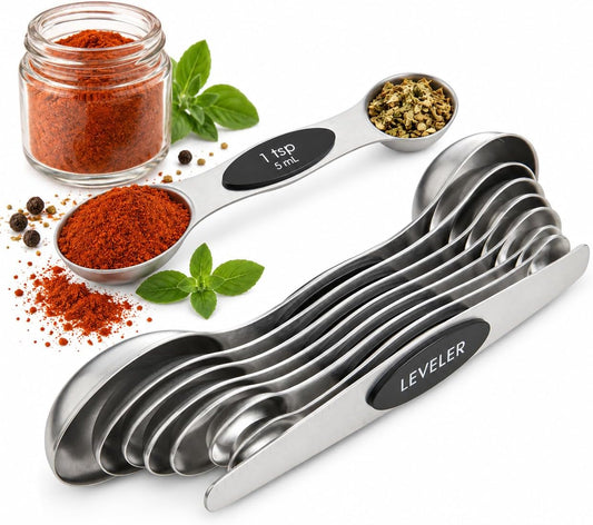 Mrs. Anderson’s Baking Dual-Sided Magnetic Measuring Spoons and Leveler, Heavyweight Stainless Steel, 8-Piece Set