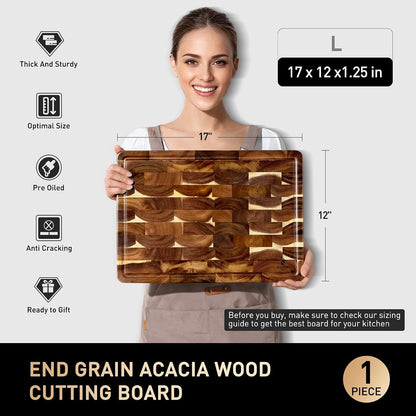 End Grain Cutting Board for Kitchen with Non-slip Feet, Acacia Wood