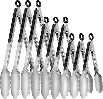9 Pieces Stainless Steel Kitchen Tongs Grilling Locking Cooking Tongs Non-Slip Metal Food Tongs for Cooking, Salad and BBQ, 7, 9 and 12 Inch