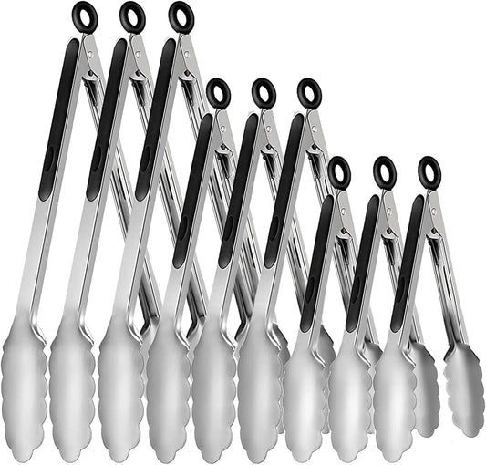 9 Pieces Stainless Steel Kitchen Tongs Grilling Locking Cooking Tongs Non-Slip Metal Food Tongs for Cooking, Salad and BBQ, 7, 9 and 12 Inch