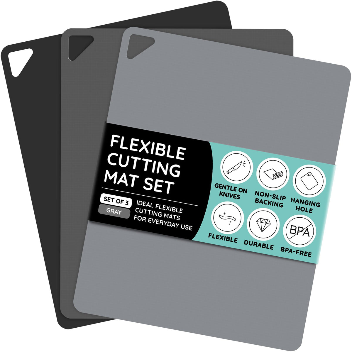 Flexible Plastic Cutting Board Set of 3 - Non-Slip, BPA-Free, Color-Coded Chopping Mats for Meat, Veggies & Fruit, 15" x 12", Hand Wash