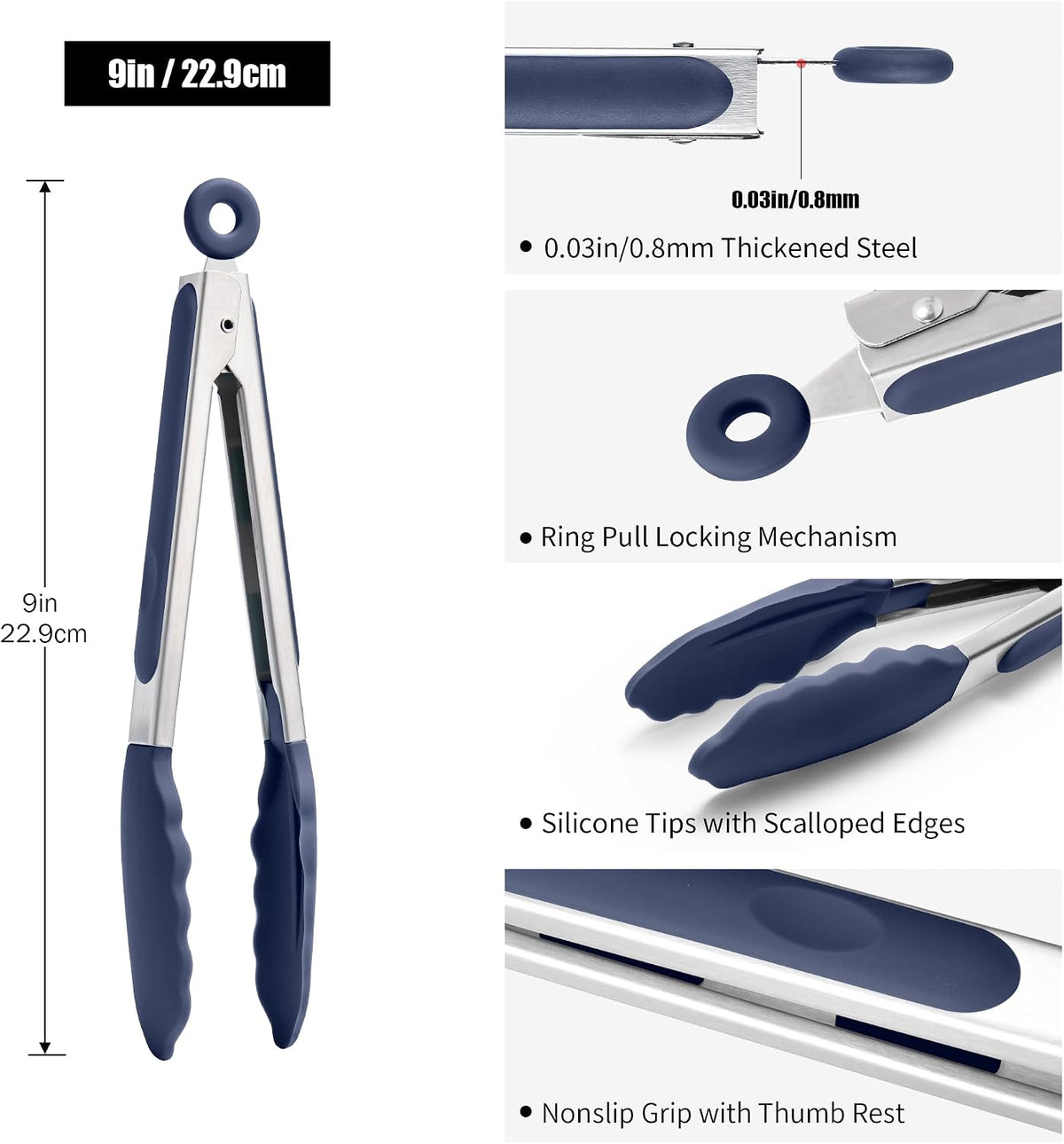 Doosu Kitchen Tongs with Silicone Tips for Cooking Serving (9in, Navy Blue)