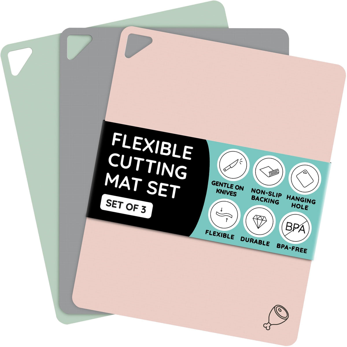 Flexible Plastic Cutting Board Set of 3 - Non-Slip, BPA-Free, Color-Coded Chopping Mats for Meat, Veggies & Fruit, 15" x 12", Hand Wash