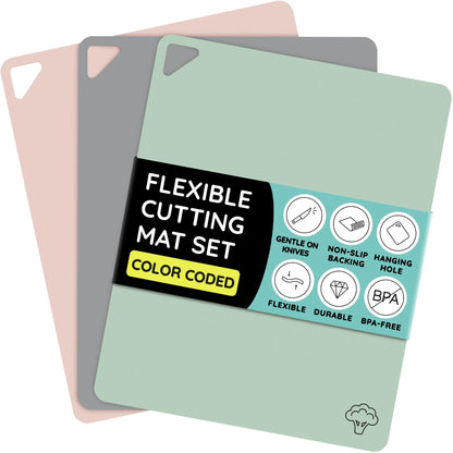 Flexible Plastic Cutting Board Set of 3 - Non-Slip, BPA-Free, Color-Coded Chopping Mats for Meat, Veggies & Fruit, 15" x 12", Hand Wash