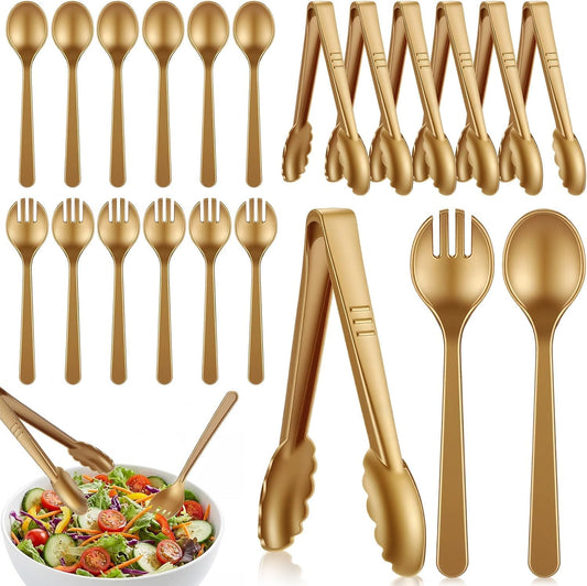 18PCS Gold Plastic Serving Utensils Set, Disposable Spoons, Forks & Tongs