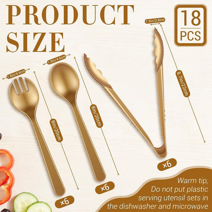 18PCS Gold Plastic Serving Utensils Set, Disposable Spoons, Forks & Tongs