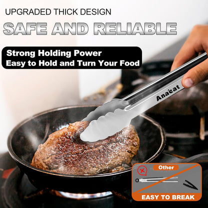 Anaeat Premium Kitchen Locking Tong Set of 3 - Heavy Duty Stainless Steel Food Tongs with Long Handle & Non-Slip Silicone Grip for Cooking, Baking, Grilling - Heat Resistant up to 480°F