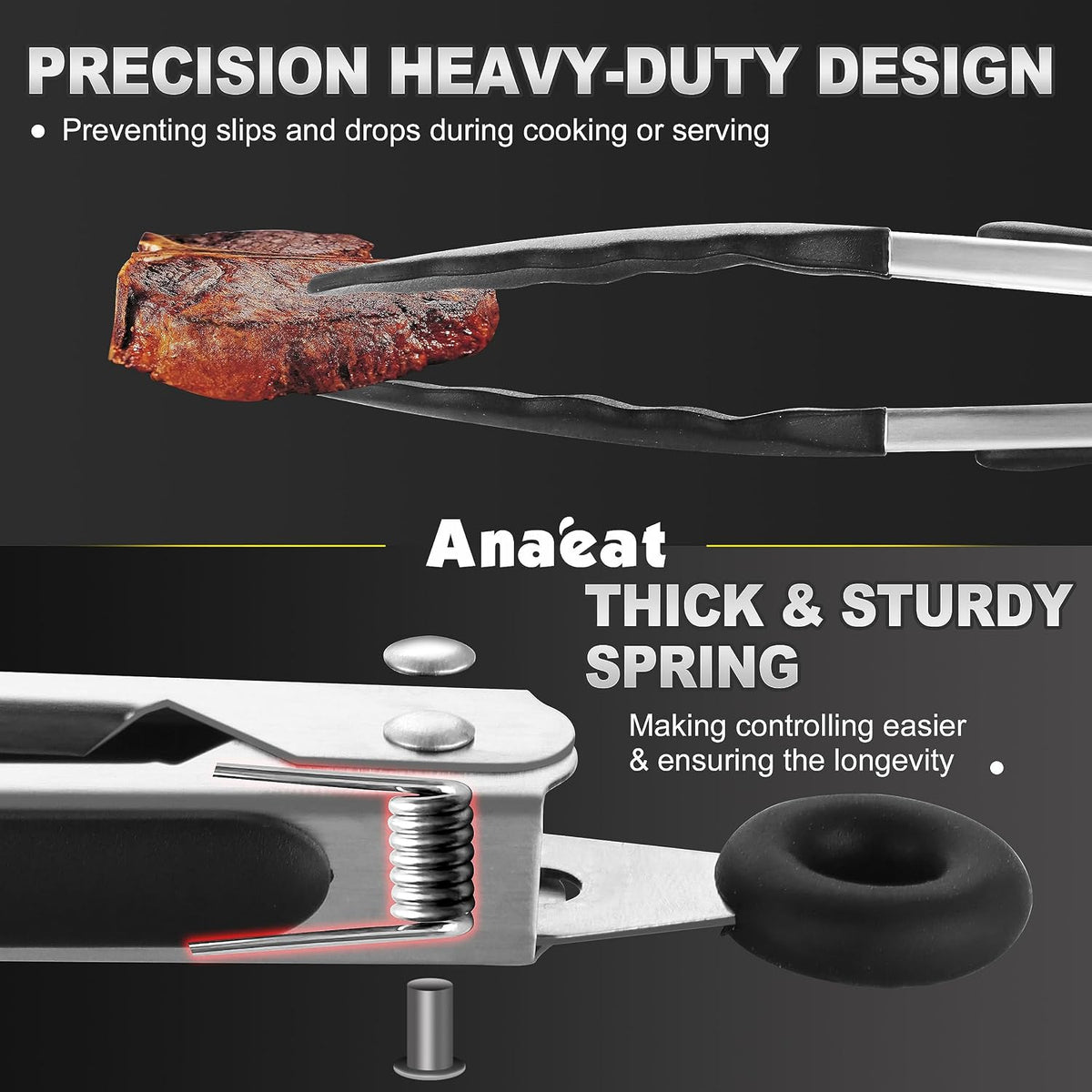 Anaeat Non-Stick Silicone Locking Tong Set of 3 - Stainless Steel 7", 9", 12" Kitchen Food Tongs with Non-Slip Silicone Tips and Grip for Cooking, Baking and BBQ - Heat Resistant up to 480°F (Black)
