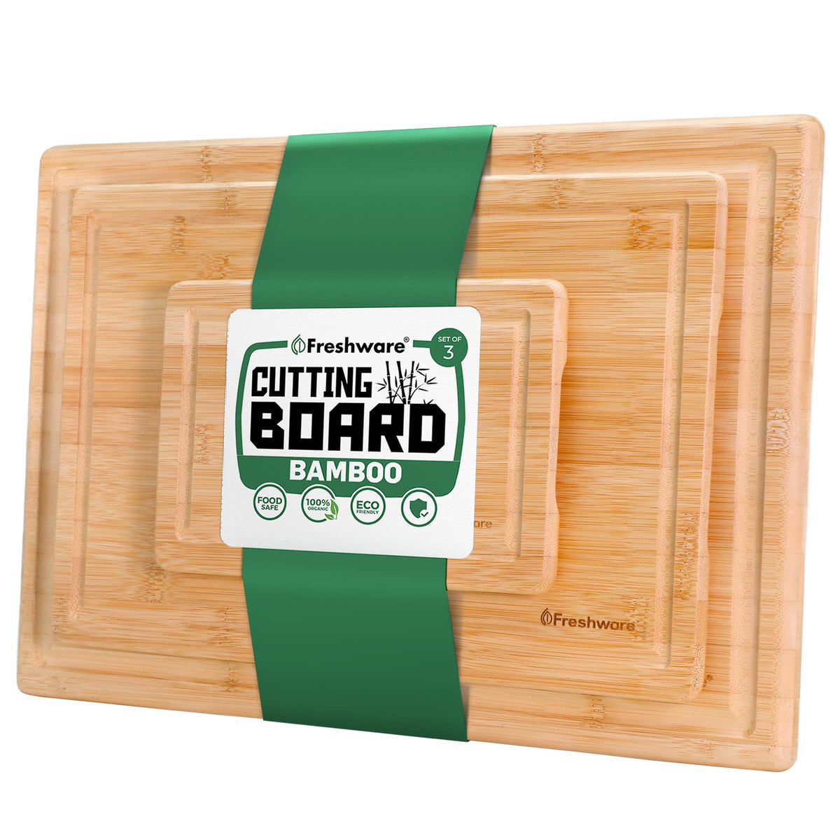 Freshware Freshware Bamboo Cutting Boards for Kitchen with Juice Groove [Set of 2] Wood Cutting Board for Chopping Meat, Vegetables, Fruits, Cheese, Knife Friendly Serving Tray with Handles