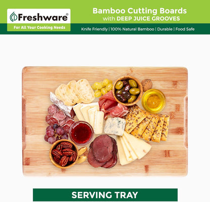 Freshware Freshware Bamboo Cutting Boards for Kitchen with Juice Groove [Set of 2] Wood Cutting Board for Chopping Meat, Vegetables, Fruits, Cheese, Knife Friendly Serving Tray with Handles