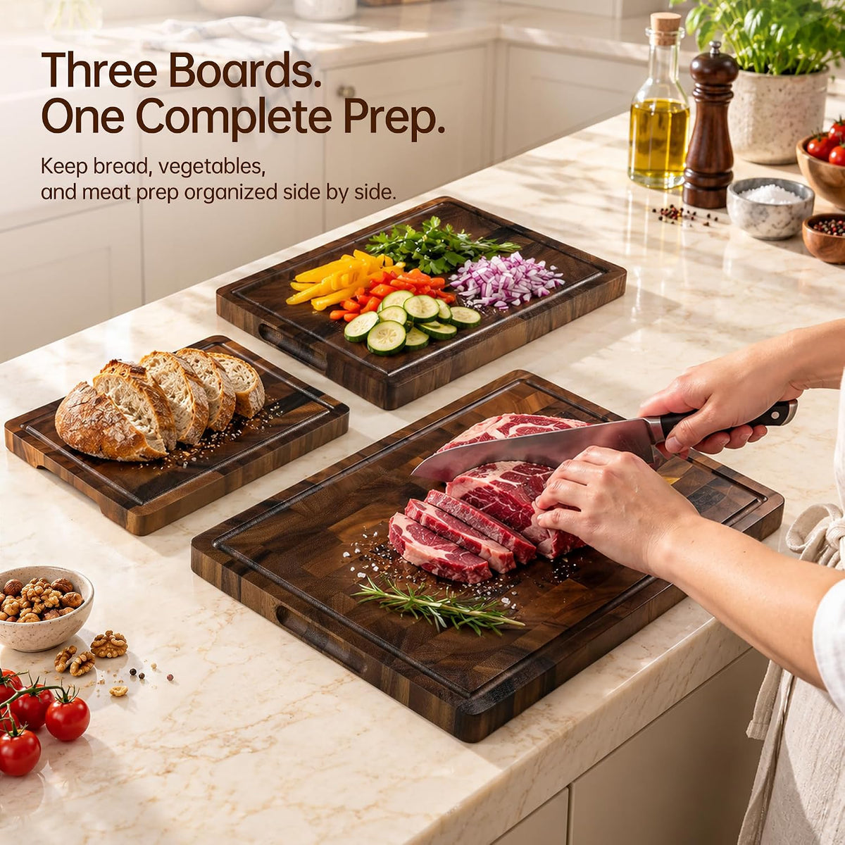 Brown Walnut Wood Cutting Board Set, End Grain Cutting Boards for Kitchen