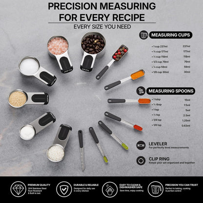 Stainless Steel Magnetic Measuring Cups and Spoons Set, Engraved Markings, Dishwasher Safe