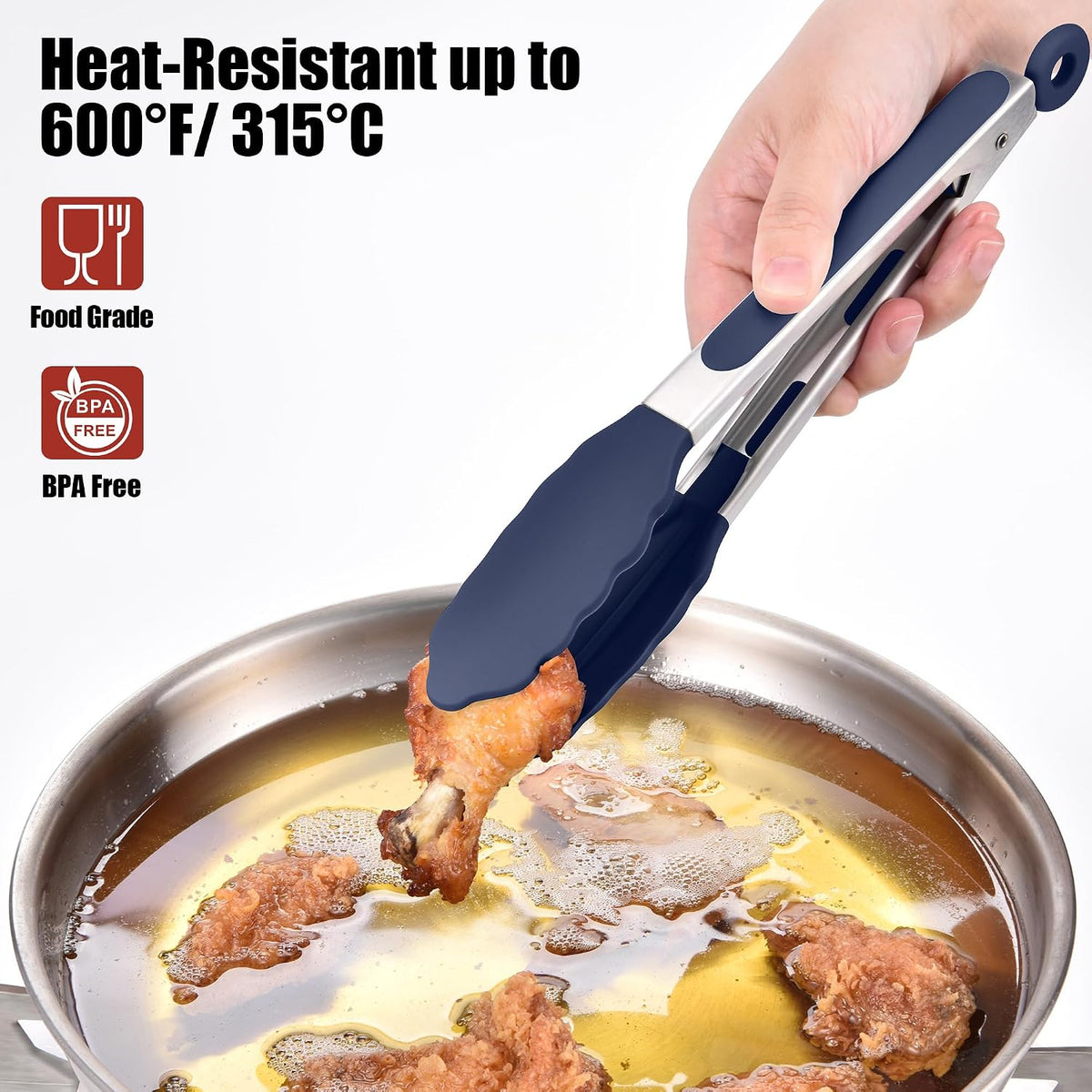 Doosu Kitchen Tongs with Silicone Tips for Cooking Serving (9in, Navy Blue)