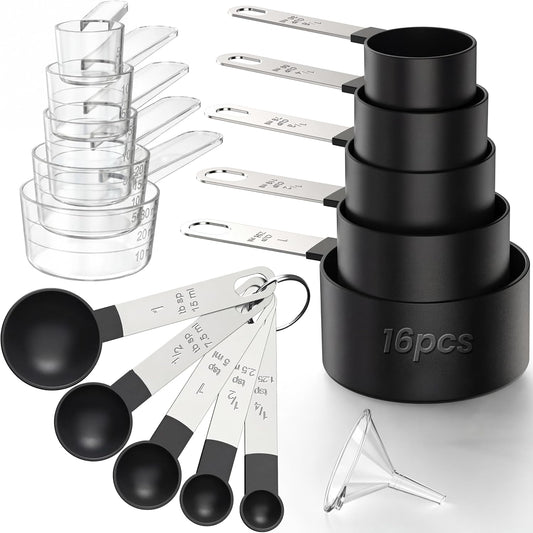 16PCS Measuring Cups and Spoons Set, Measuring Spoon Set with Metric and US Measurements, Fits for Measuring Dry and Liquid - Black