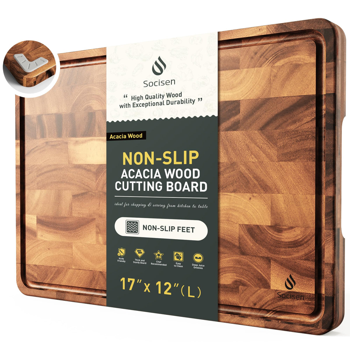 End Grain Cutting Board for Kitchen with Non-slip Feet, Acacia Wood