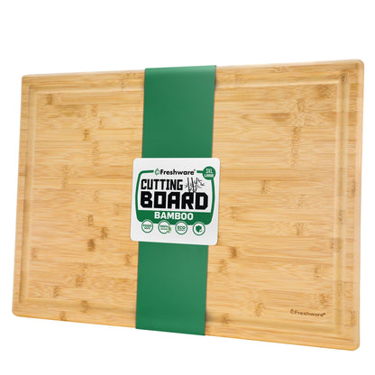 Freshware Freshware Bamboo Cutting Boards for Kitchen with Juice Groove [Set of 2] Wood Cutting Board for Chopping Meat, Vegetables, Fruits, Cheese, Knife Friendly Serving Tray with Handles