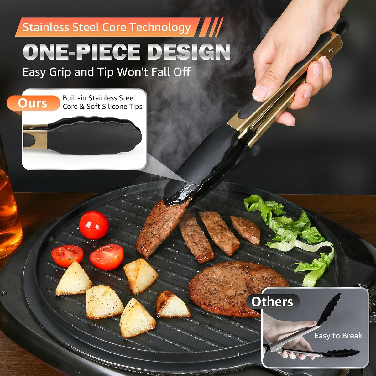 Gold Kitchen Tongs with Silicone Tips, 9 & 12 Inch Set
