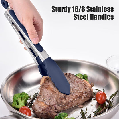 Doosu Kitchen Tongs with Silicone Tips for Cooking Serving (9in, Navy Blue)
