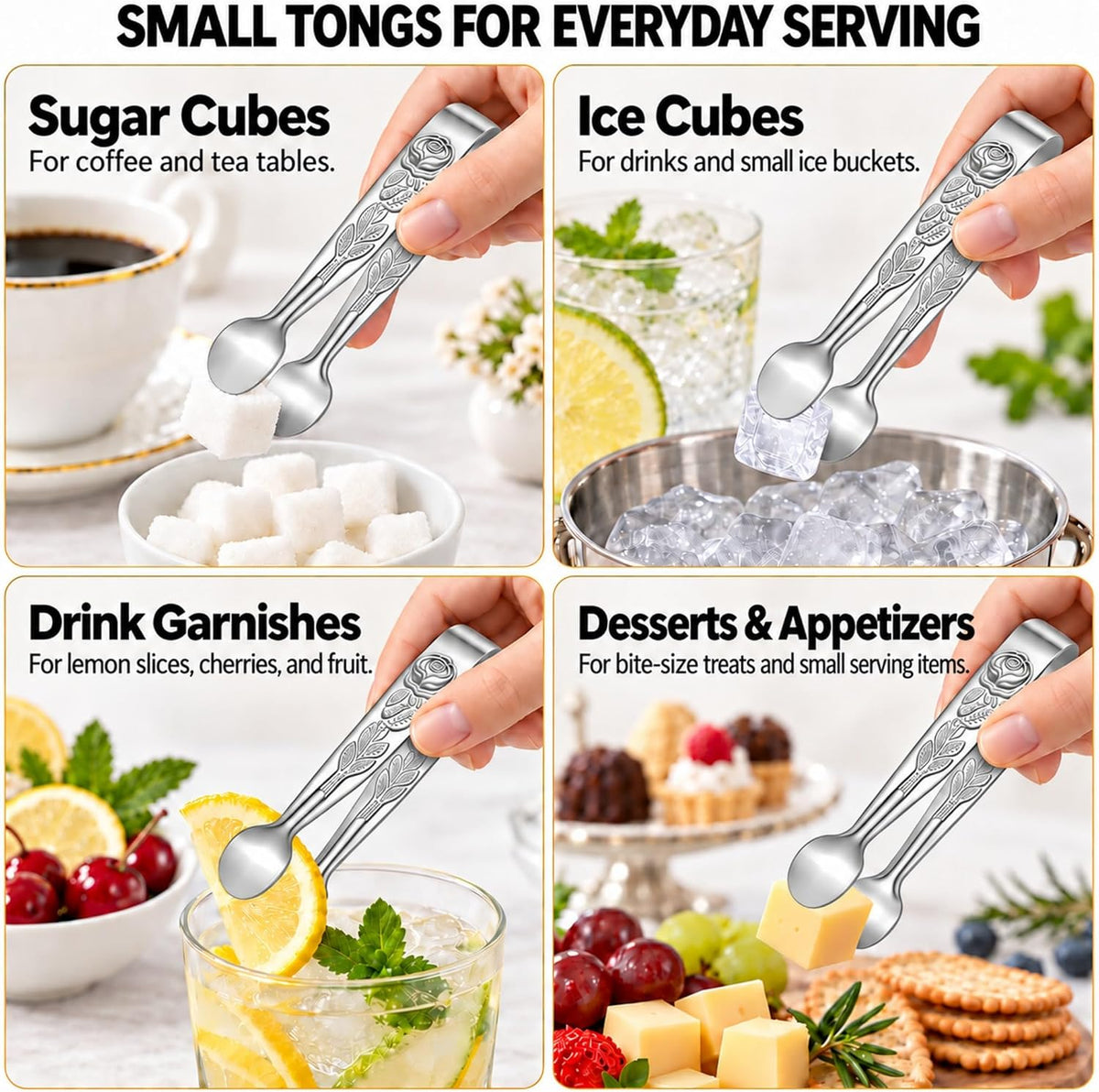 6PCS Mini Serving Tongs, 4.33-Inch 304 Stainless Steel Sugar Tongs