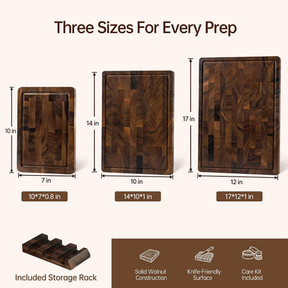 Brown Walnut Wood Cutting Board Set, End Grain Cutting Boards for Kitchen