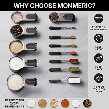 Stainless Steel Magnetic Measuring Cups and Spoons Set, Engraved Markings, Dishwasher Safe