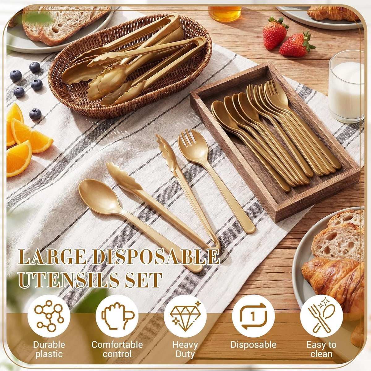 18PCS Gold Plastic Serving Utensils Set, Disposable Spoons, Forks & Tongs