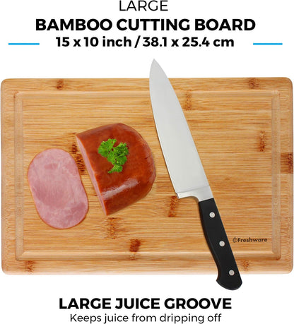 Freshware Freshware Bamboo Cutting Boards for Kitchen with Juice Groove [Set of 2] Wood Cutting Board for Chopping Meat, Vegetables, Fruits, Cheese, Knife Friendly Serving Tray with Handles
