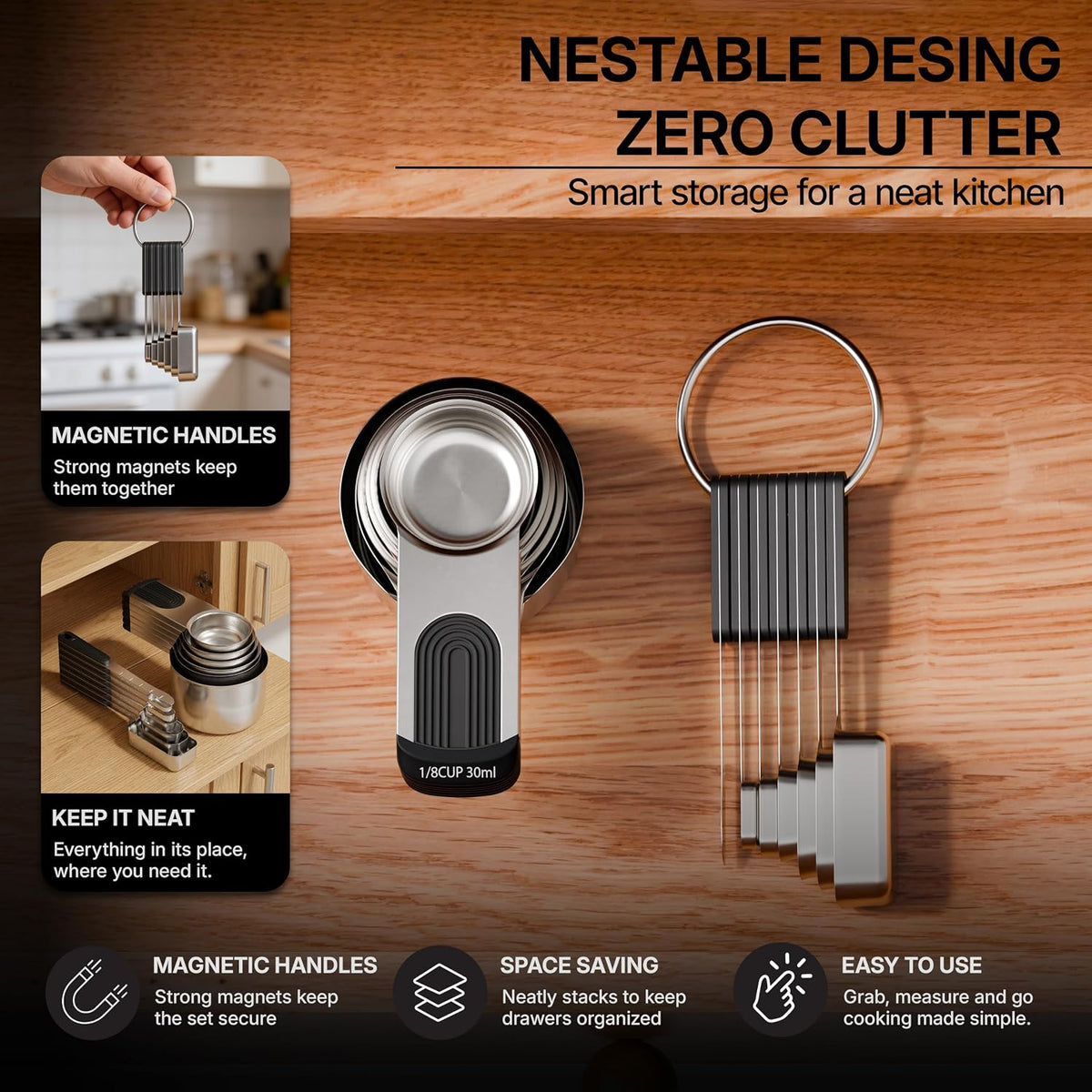 Stainless Steel Magnetic Measuring Cups and Spoons Set, Engraved Markings, Dishwasher Safe