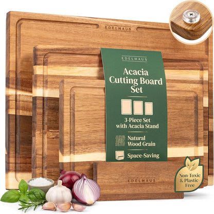 EDELHAUS Acacia Wood Cutting Boards for Kitchen Set of 3, Juice Groove
