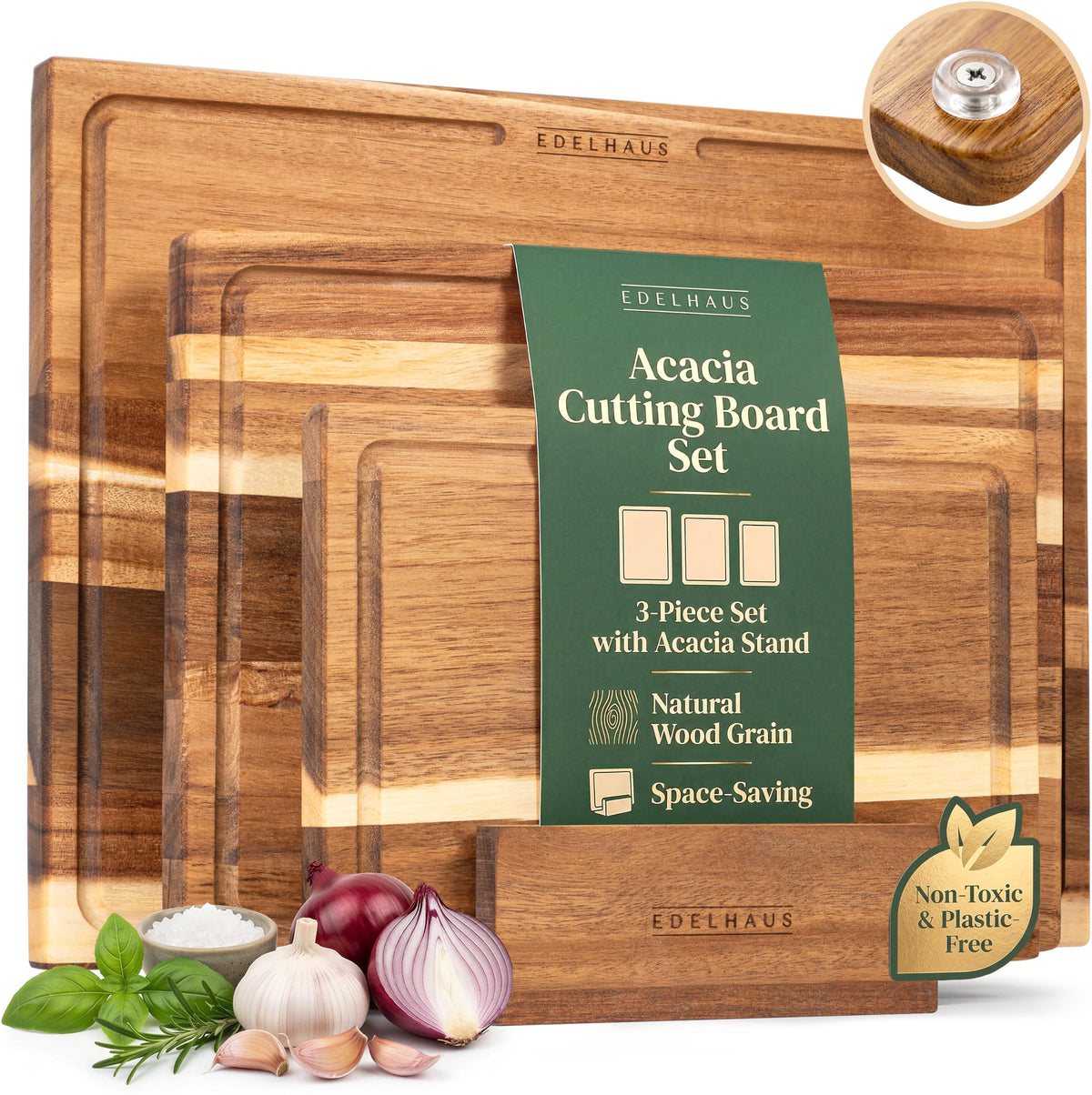 EDELHAUS Acacia Wood Cutting Boards for Kitchen Set of 3, Juice Groove