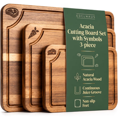 EDELHAUS Acacia Wood Cutting Boards for Kitchen Set of 3, Juice Groove